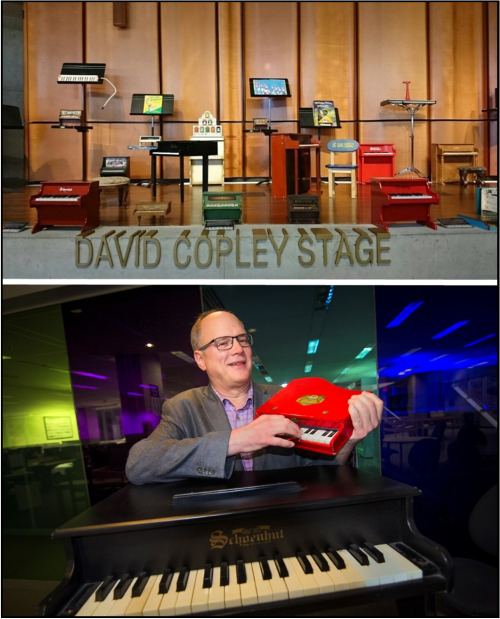 Top image shows various small toy pianos while the bottom image shows Festival Director Scott Paulson with a red toy piano