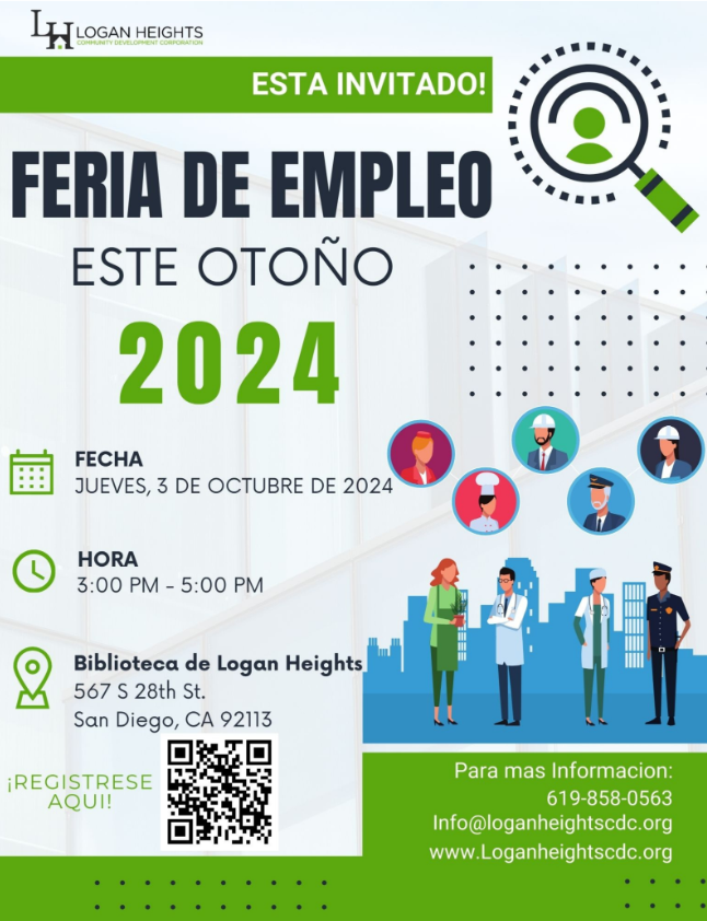 Spanish flyer - Logan Heights CDC Fall Job Fair on October 3 from 3-5 pm.