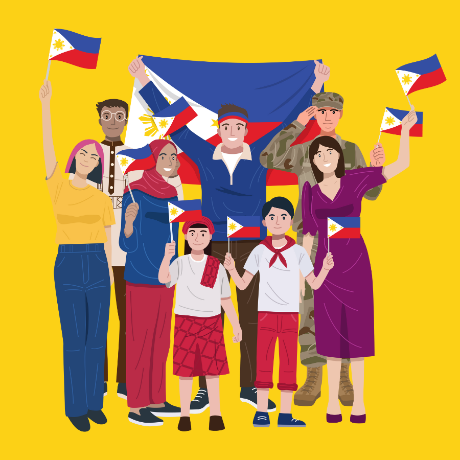 Illustrated set of eight figures, all waving small flags for the Philippines, set in a background of yellow. 