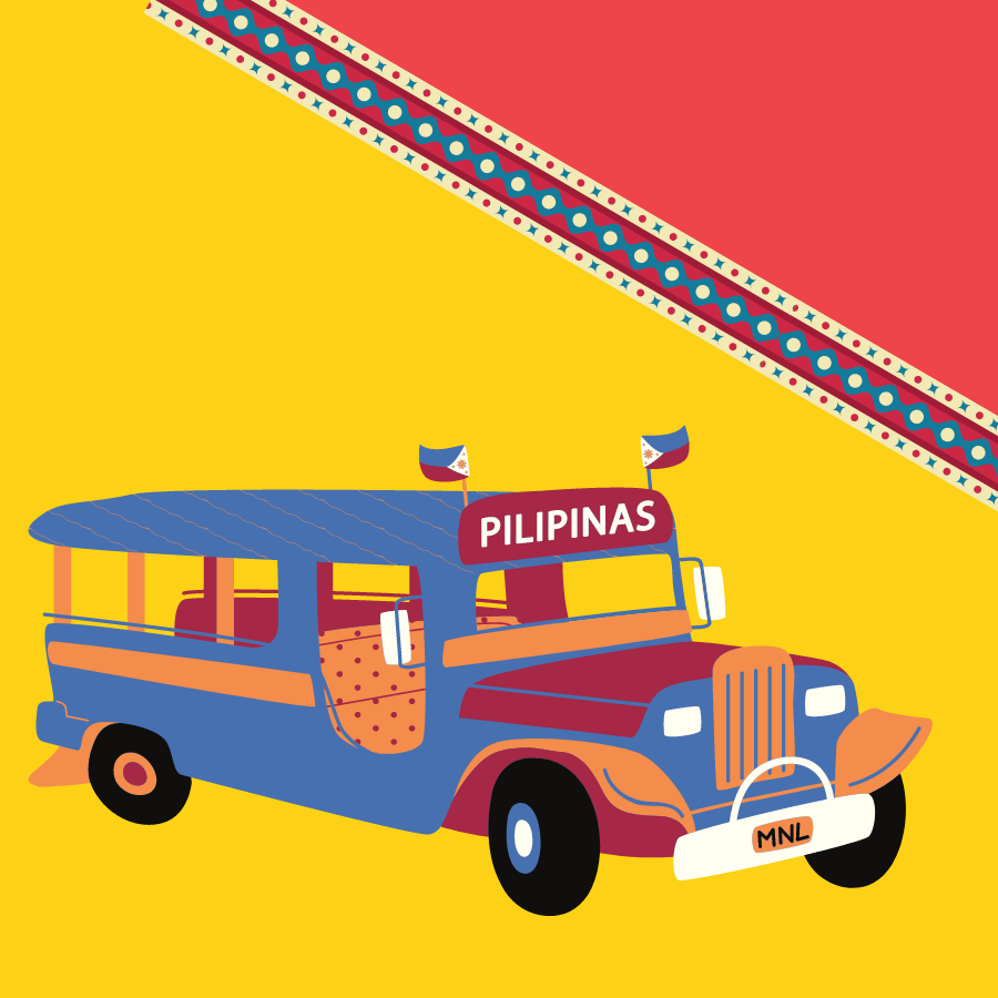 Illustrated, multicolor jeepney bus, set in a background of yellow and crimson red. 