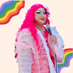 Square Image on a solid cream background squiggly rainbows are in each corner. A performer in a pink dress with pink hair holds a microphone. 