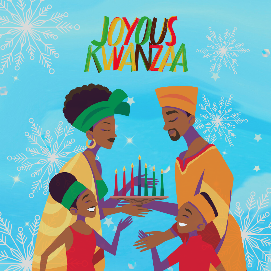 A group of four figures gather and surround a fully lit kinara, a seven-branched candle holder. They wear long, yellow cloaks and red attires. In green, yellow, red and brown font, words read, "Joyous Kwanzaa.” The background is a snowy, blue sky with white, sparkling snowflakes.