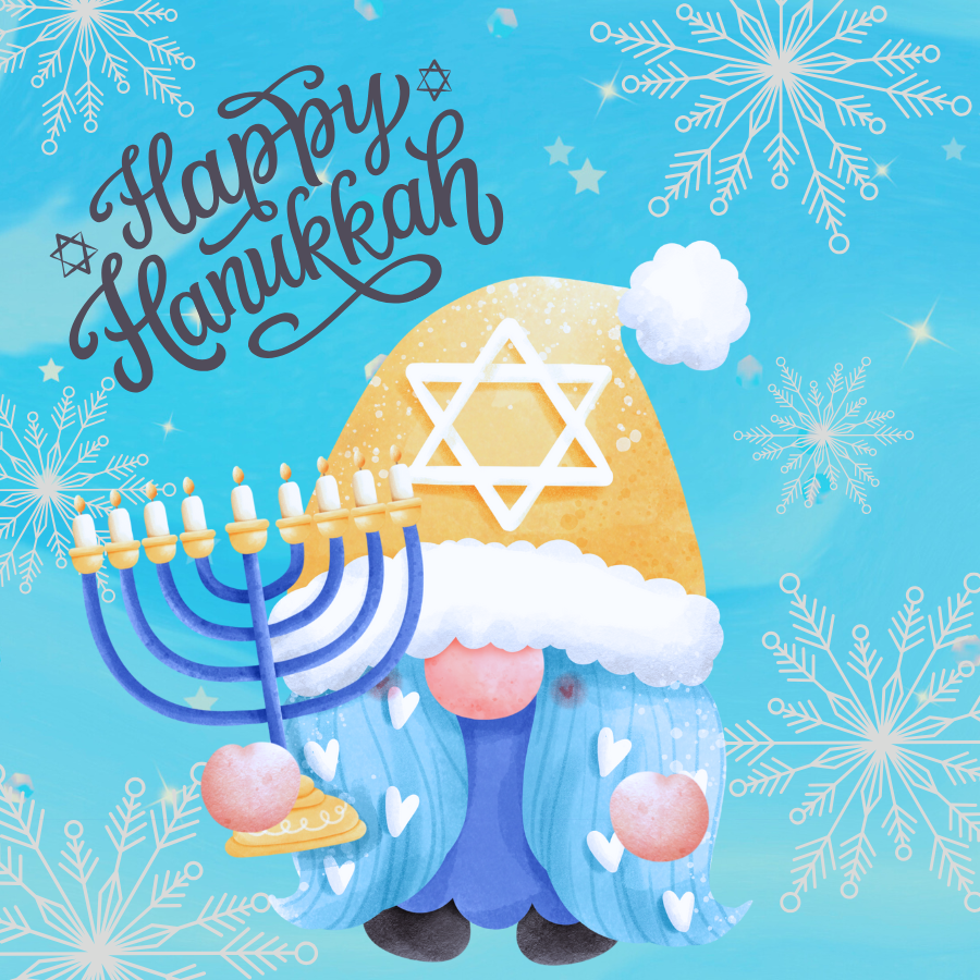 An illustrated figure is celebrating Hanukkah by holding a nine-branched Hanukkah menorah in his right hand. All nine candles are lit. They wear a blue cloak and yellow holiday hat with an embossed Star of David. In dark blue font, words read, "Happy Hanukkah.” The background is a snowy, blue sky with white, sparkling snowflakes.