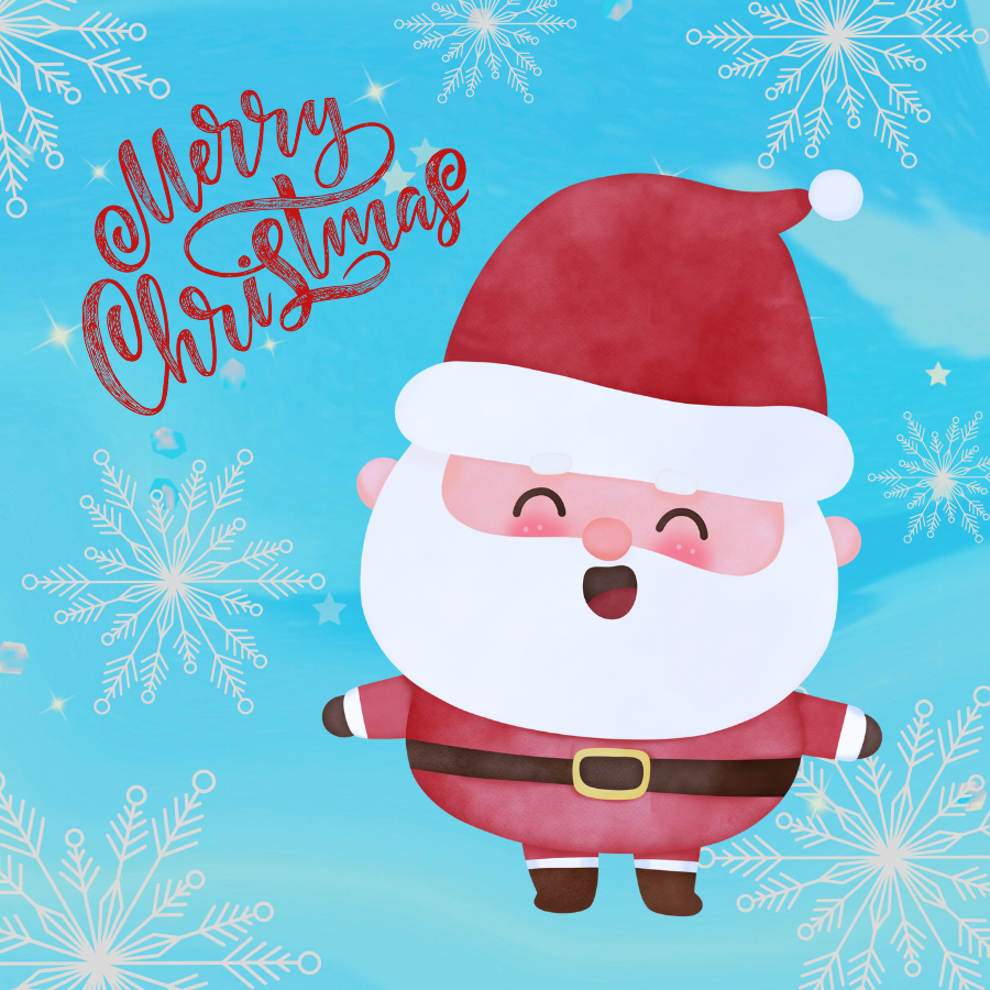 An illustrated Santa appears on the right side of image wearing a red suit and red holiday hat. In red font, letters in script read, "Merry Christmas.” The background is a snowy, blue sky with white, sparkling snowflakes.