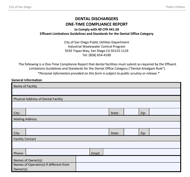 Dental Dischargers One Time Compliance Report