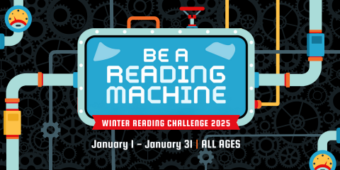 Graphic on black background with circuit like tubes around reading "be a reading machine"