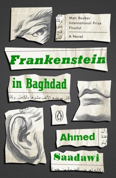 Book cover with torn pages with drawings of different facial features and the title Frankenstein in Baghdad.