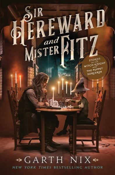 Book cover with two figures sitting across from eachother at a table surrounded with candles in a dark room.