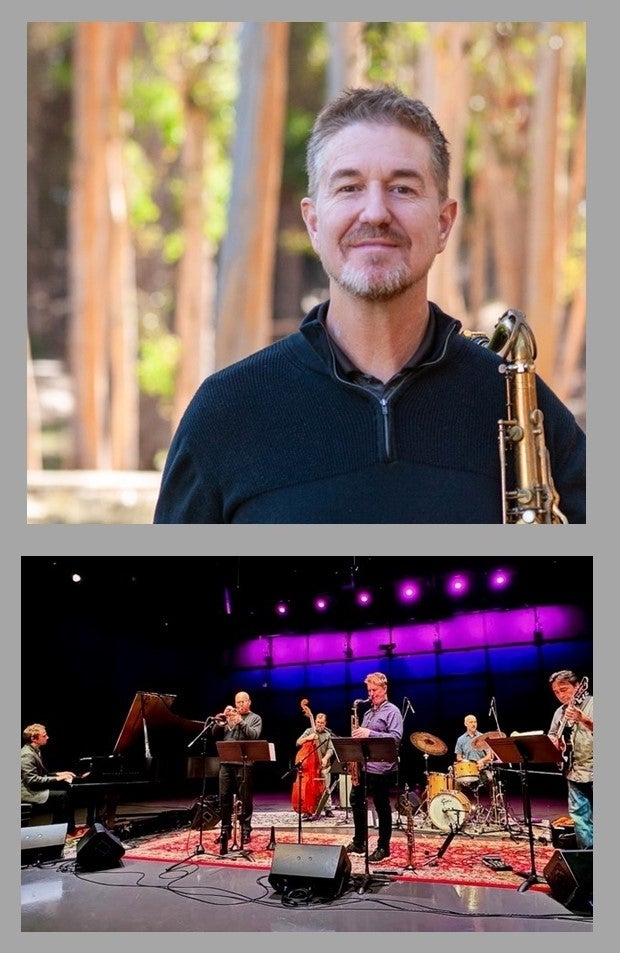 Headshot of David Borgo alongside group shot of band on stage