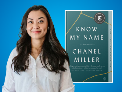 Headshot of author Chanel Miller alongside the cover of her book Know My Name