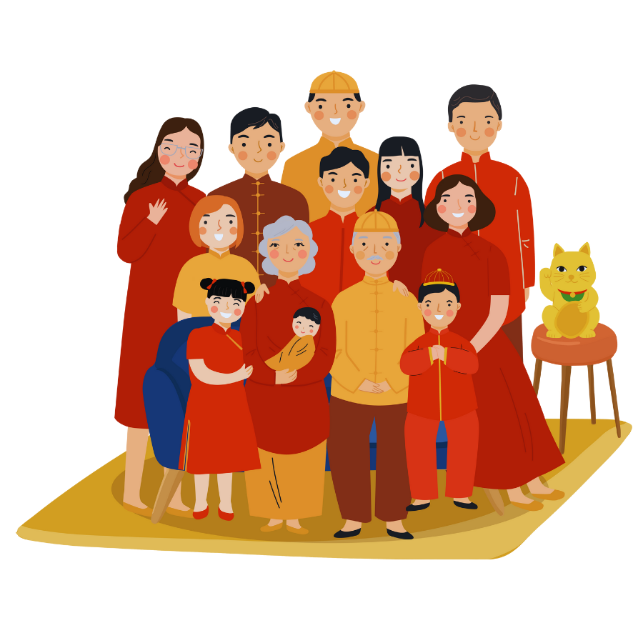 An intergenerational group of figures gathers to celebrate Lunar New Year. They are dressed in shades of red and gold and smile together, as if being photographed.