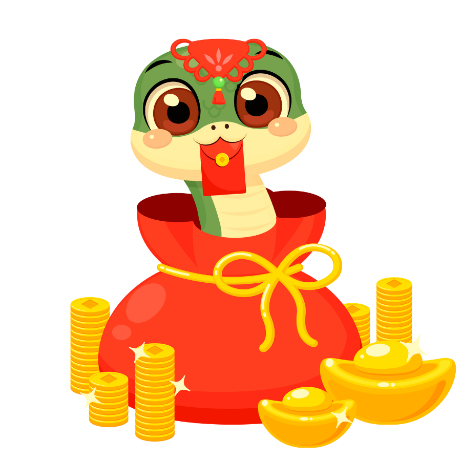 A green snake peaks out from a red coin pouch, holding a red envelop in its mouth.  This Lunar New Year ushers in the Year of the Wood Snake.  