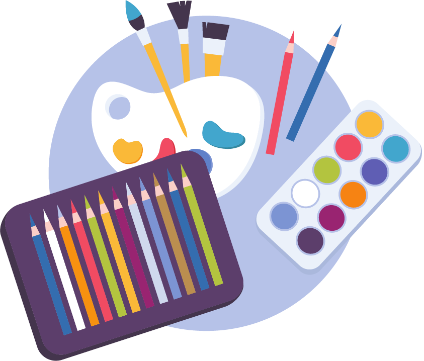 Illustrations of art supplies like color pencils, paint brushes, palette, and paints