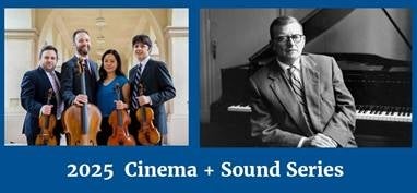 Photo of the Hausmann Quartet holding their instruments along side a black and white photo of Dmitri Shostakovich sitting at a piano.