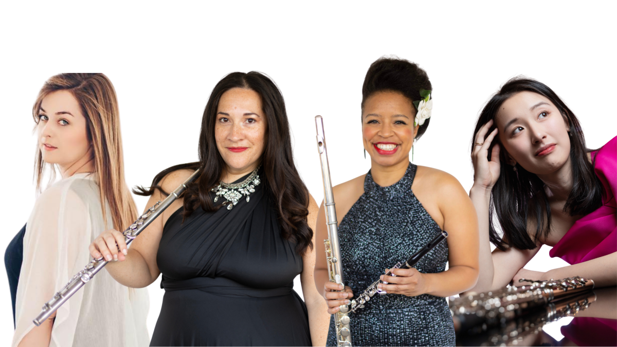 Photo of 4 females holding their instruments dressed in ball gowns.