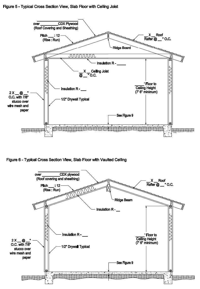 Two figures of Cross section View, Slab floor with Ceiling Joist and the second of a Typical Cross section view, slab floor with vaulted ceiling. 