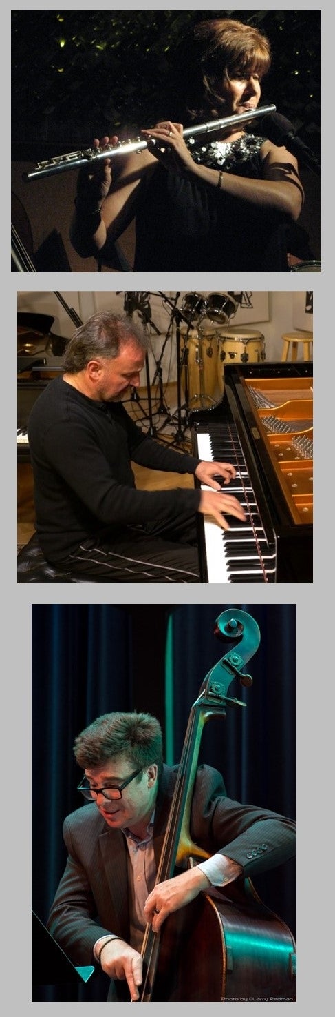 vertical stacked images of three musicians and their instruments.