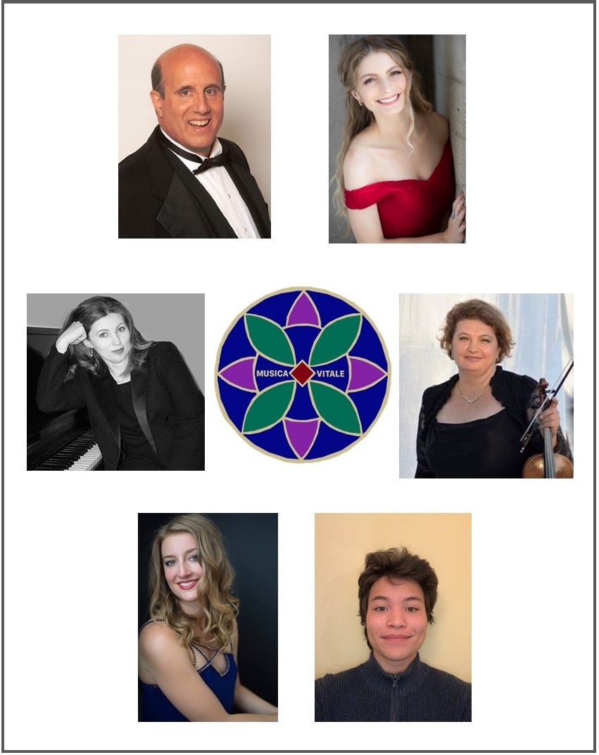 headshots of six musicians around a purple and teal circular logo.