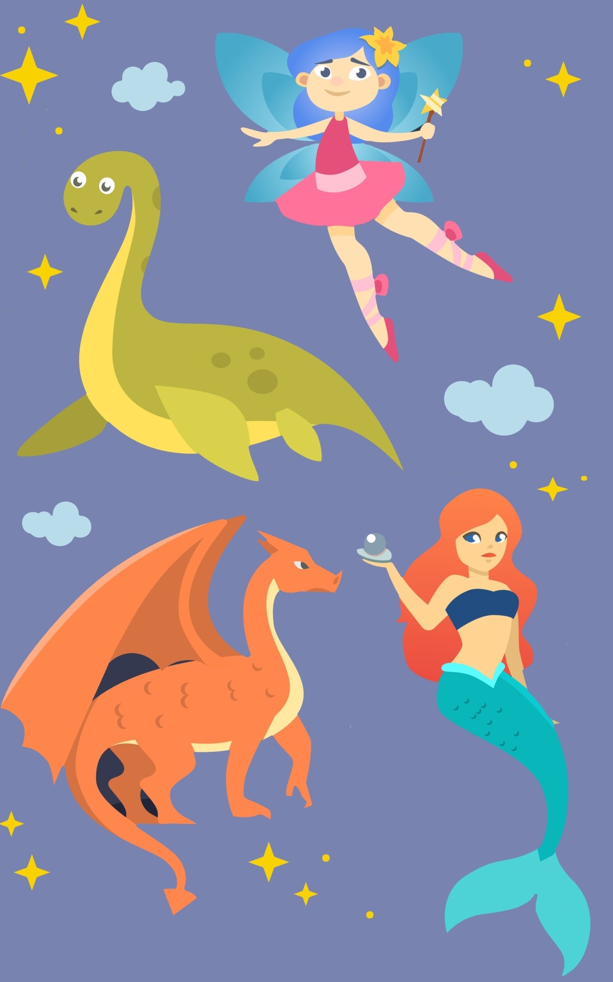 Image of a fairy, loch ness, dragon and mermaid