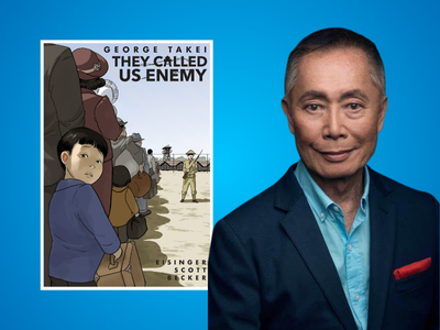 Author George Takei next to the cover of "They Called Us Enemy"