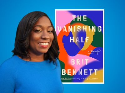 Author Brit Bennett next to book cover for "The Vanishing Half"