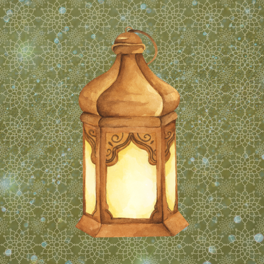 During Ramadan, Muslims are encouraged to fast, give to charity, and pray. Lanterns are symbolic of the light at the end of a dark road.  A lantern is centered in a dark green geometric pattern speckled with gold stars.