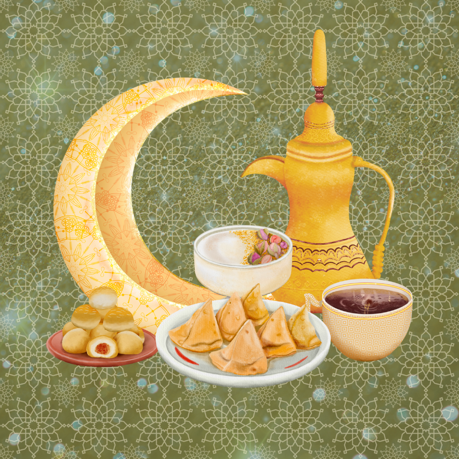 The menu for the month of Ramadan includes dates, coffee, water, oatmeal soup, samosas, luqaimat made from bread dough and fried in oil, pastries and sweets. Some of these are pictured above, they are centered in a dark green geometric pattern speckled with gold stars.