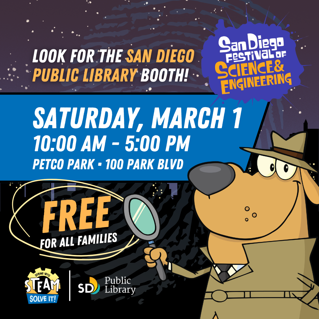 A yellow dog is dressed in a brown detective costume with a jacket and hat and holding up a magnifying glass on this promotional image for the Festival of Science and Engineering.