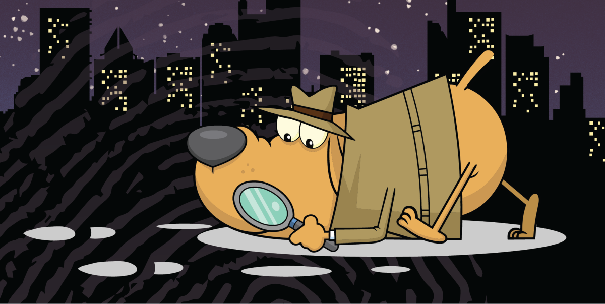 A brown dog with yellow eyes and a black nose is dressed in a detective brown jacket and hat and holds up a magnifying glass to study footprints against a city scape with yellow lit up windows and dark blue sky.