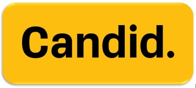 Yellow rectangle with rounded corners with the word Candid. written in black letters centered