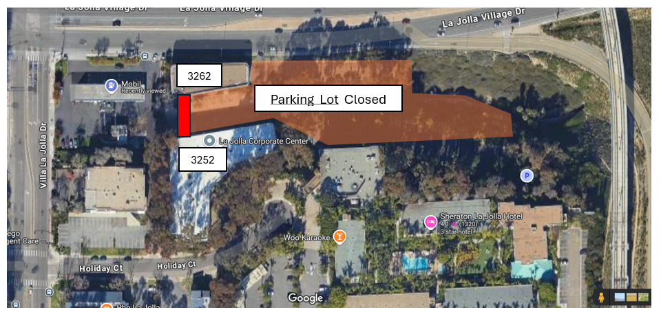 Parking lot closure near the intersection of Villa La Jolla Drive and La Jolla Village Drive.