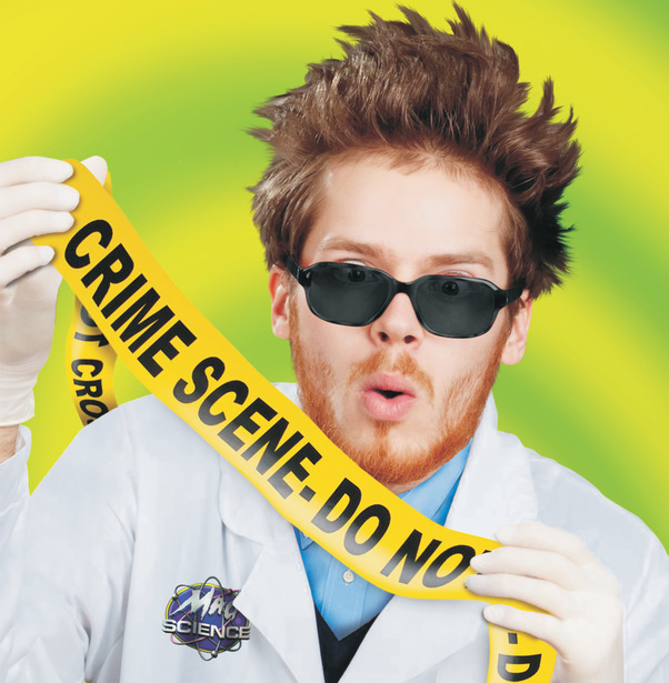 Scientist in White Lab Coat wears black sunglasses and holds up a yellow caution tape sign, against a yellow and green neon background.