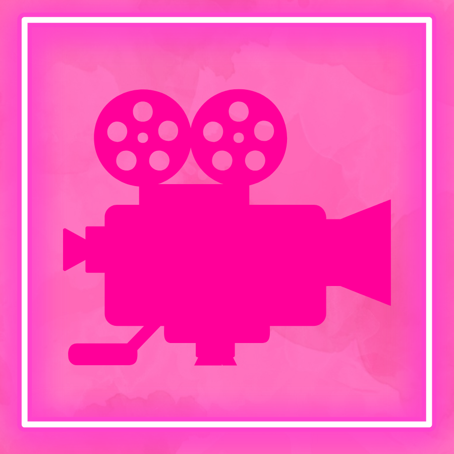 A pink silhouette of a film camera is centered in a cloudy pink background. The silhouette is framed in white and neon pink trim. 