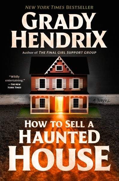 Black cover of a book with a night photo of the front of a two story house with the words How to sell a haunted house in white.