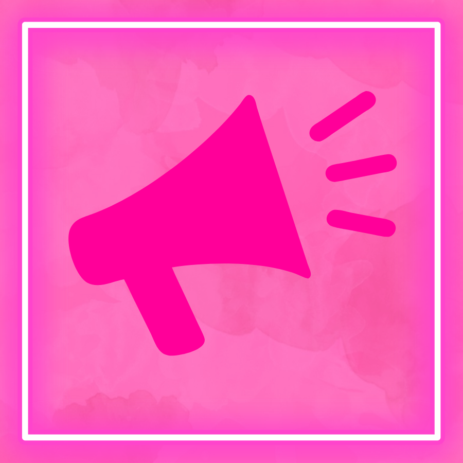 A pink silhouette of a megaphone is centered in a cloudy pink background. The silhouette is framed in white and neon pink trim.