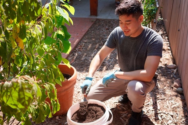 man potting with compost