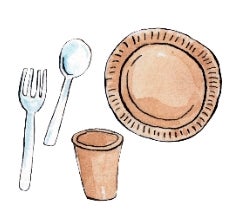 Paper plate, paper cup, plastic untensil