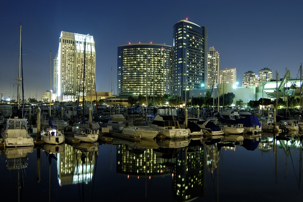 Night time view of downtown San Diego marina