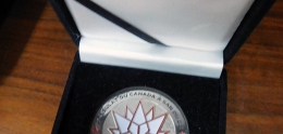 Silver Coin of Maple Leaf Large w/Black and Red Writing "Consulate at DU Canada 1867-2017 Canada a San Diego"