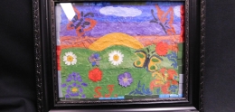 Framed Art &quot;Dawn of a New Day&quot; constructed of colorful tissue paper in frame with butterflies&#44; a yellow rainbow&#44; and flowers