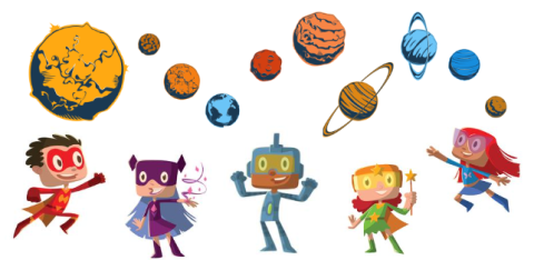 Planets floating above a group of children dressed up in space suits