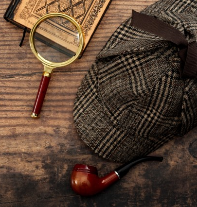 Magnifying glass, notebook, and detective’s hat